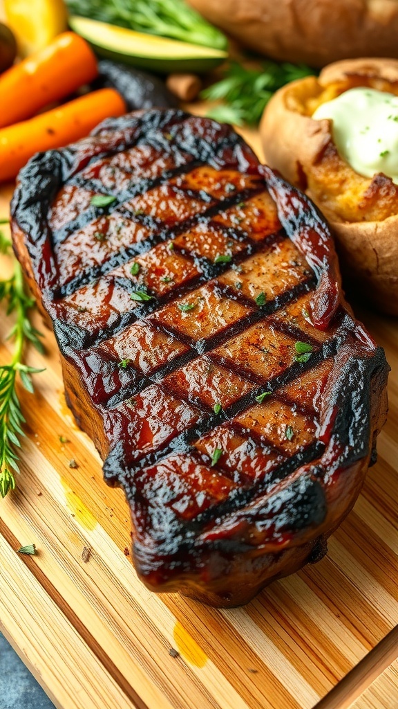 Well-done steak on a cutting board with herbs and sides of roasted vegetables and baked potato.
